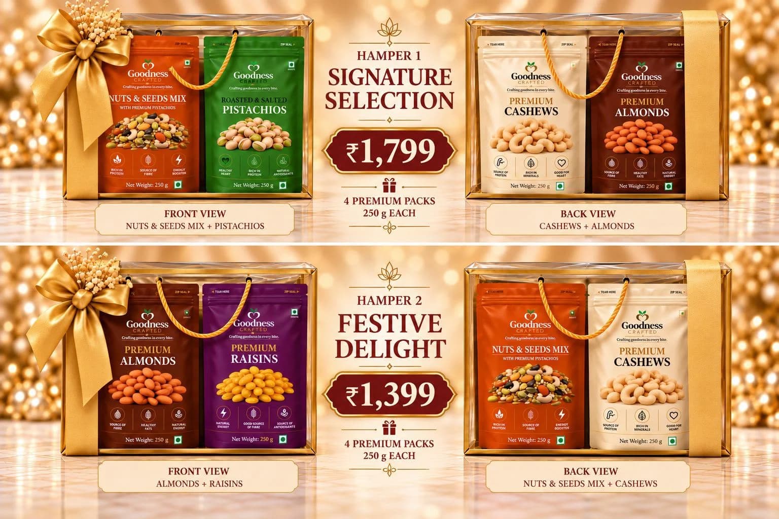 Goodness Crafted festive hampers: four premium 250 g packs boxed in a gold-trimmed gift case